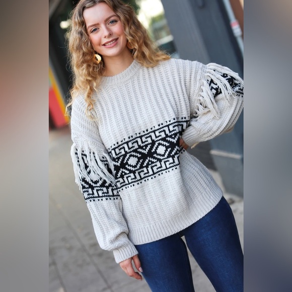 Ready For Anything Taupe & Black Tassel Aztec Sweater - Picture 14 of 16